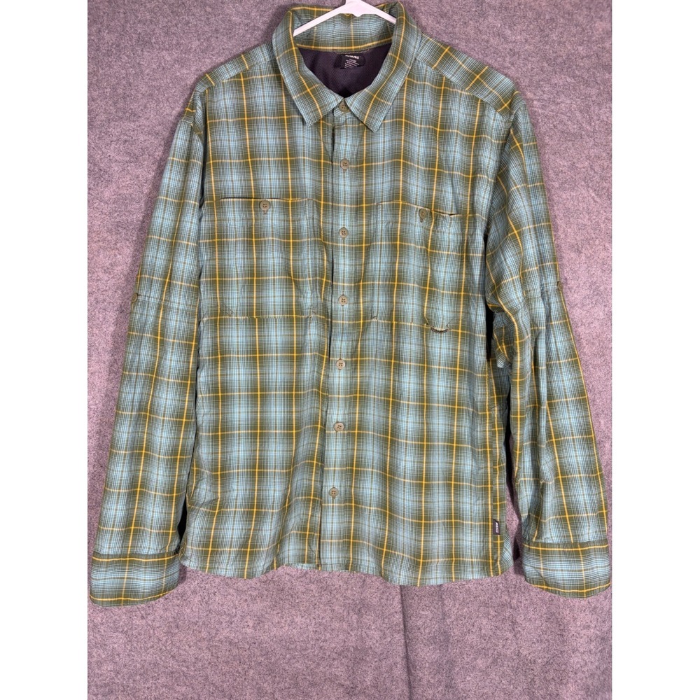 REI Co-op Mens Large Plaid Nylon Hiking Shirt Ventilated Roll Tab Blue Green L